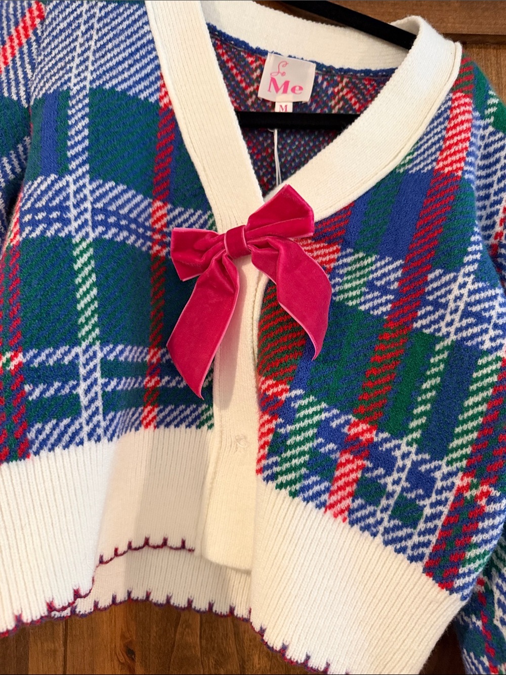 So Me plaid cardigan features a button-front design  with decorative bow - Picture 2 of 5